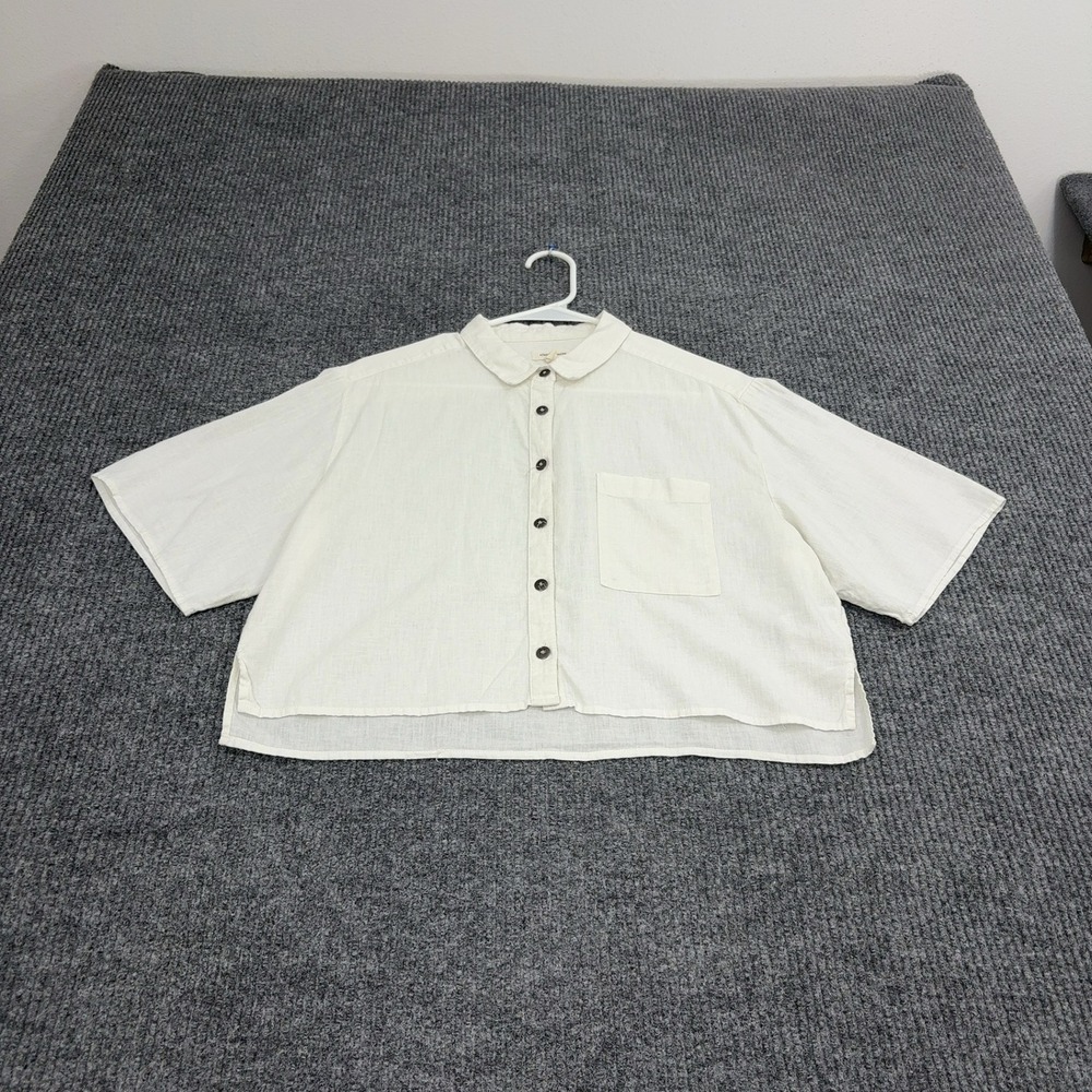Silence + Noise Shirt Women M Ivory Linen Rayon Short Sleeve Cropped Casual Boho